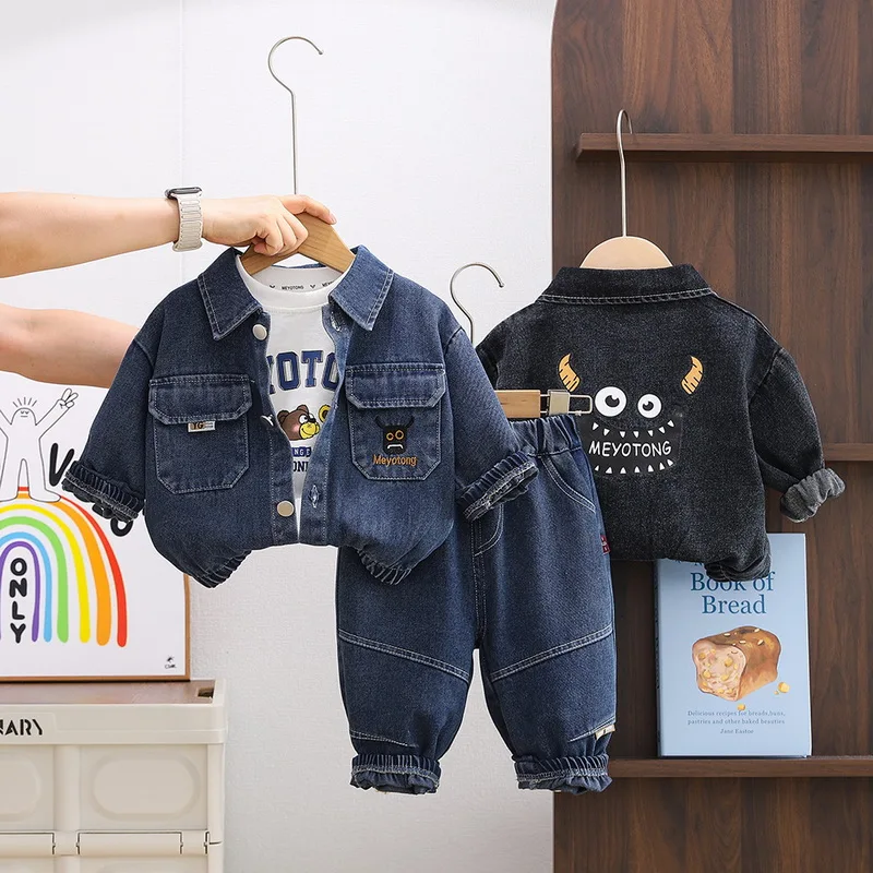 

Комплект одежды для маленьких мальчиков 1-5 лет, детская джинсовая куртка с героями мультфильмов + футболки + джинсы, 3 шт./компл., детская ковбойская модная одежда, костюм для маленьких мальчиков