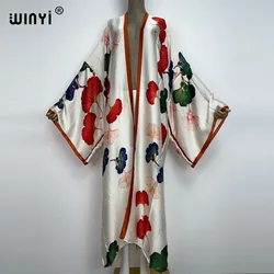 2022 nowy WINYI Summer Beach Wear Cover Up Lady kardigan w stylu Boho biały nadruk elegancki jedwabisty i przyjazny dla skóry sexy Holiday Kimono