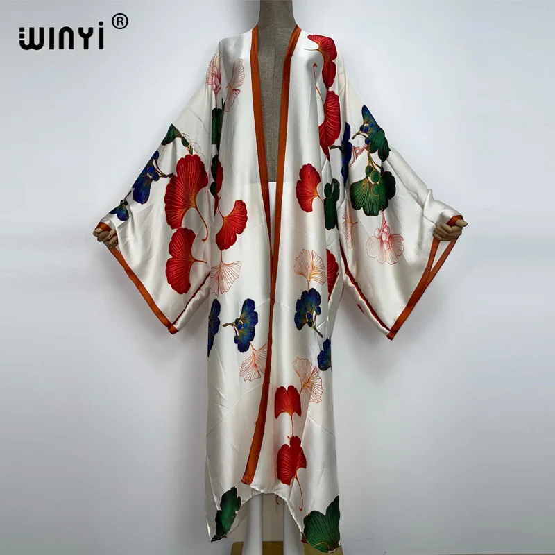 2022 NEW WINYI Summer Beach Wear Cover Up Lady Boho Cardigan White printing elegant Silky and skin-friendly sexy Holiday Kimono