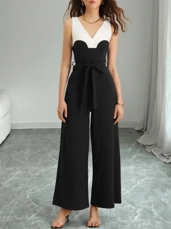 Summer New Women's Minimalist Commuting Jumpsuit Fashion Elegant Black & White Contrasting Waist Cinched Sleeveless Jumpsuits