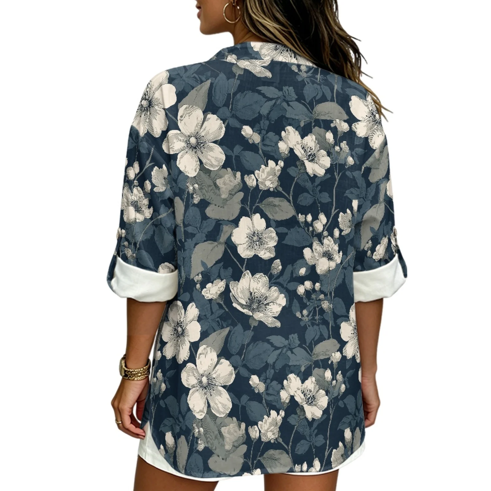 PENSTROLL Vintage Floral Linen Like Notch V Neck Blouses for Beach Walks Soft Dressy Casual Blouses V Neck Tunic Blouses