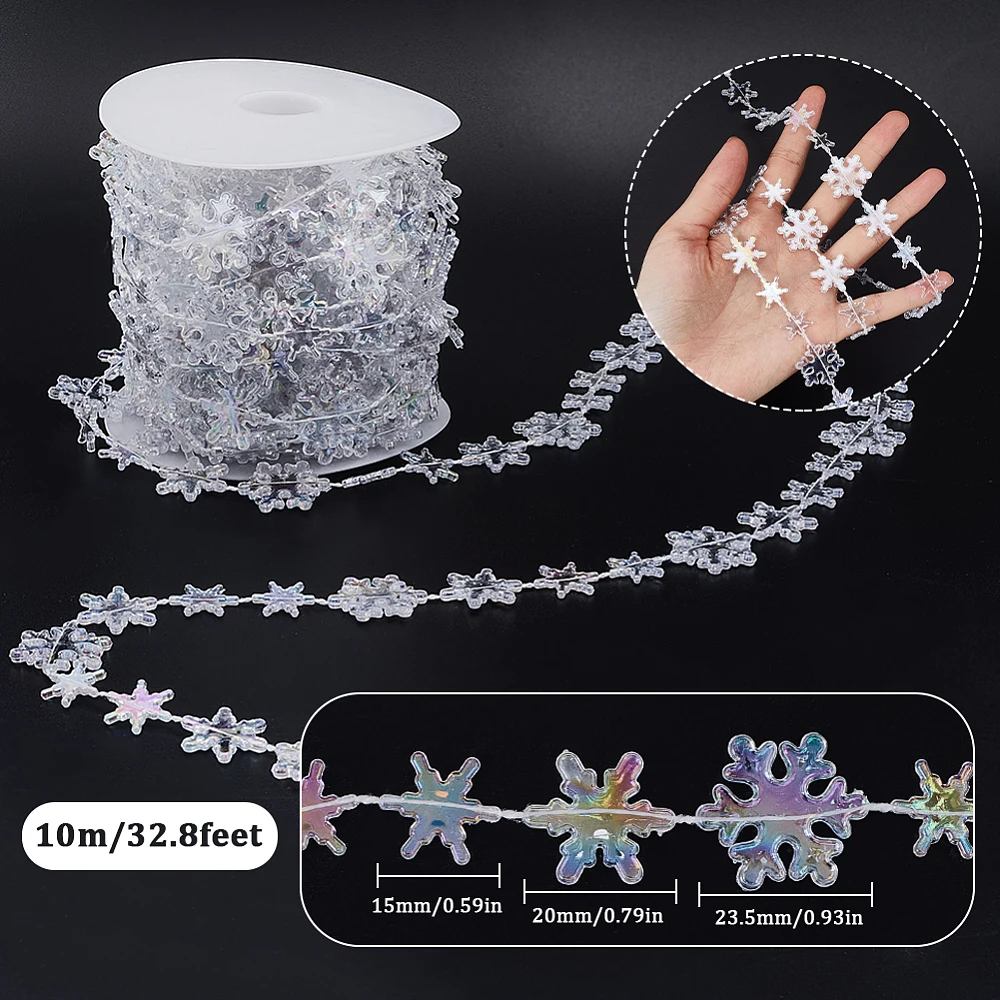 32.8 Feet/10M Christmas Bead Trim Crystals Garland Beads Bulk White Plastic Holiday Soldered Snowflake Shaped Clear Beaded Trims