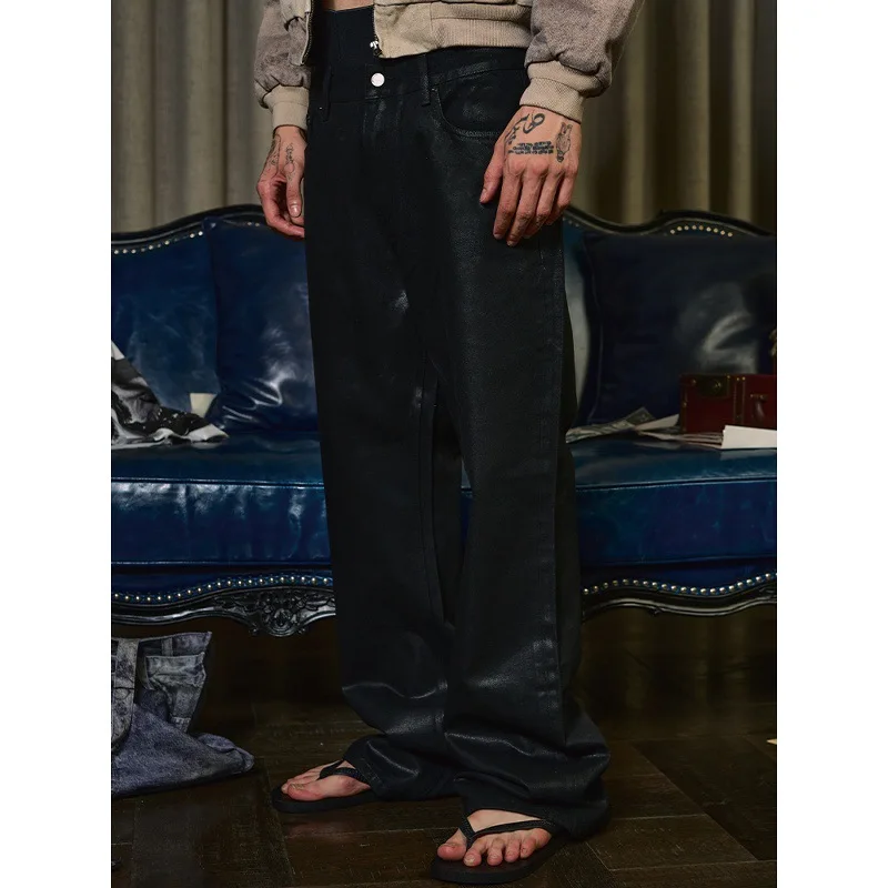 High End Coated Elastic Micro Flared Jeans Men Vintage Washed Waxed Wide Leg Denim Pants Streetwear