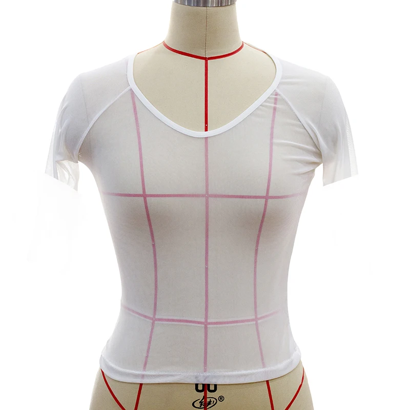 

1pc Elastic T-shirt Women Round Neck Short Sleeve See Through Mesh T-shirts Summer Slimming Fit Tee Tops Ladies