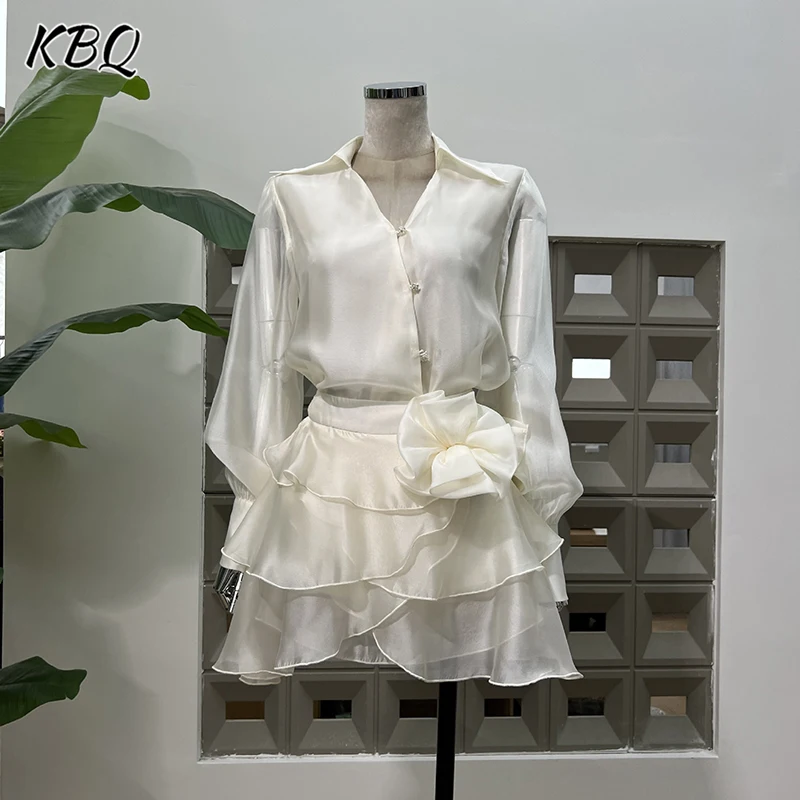 

KBQ Solid Two Piecce Sets for Women Lapel Long Sleeve Tops High Waist Spliced Appliques Chic Ruffles Skirts Chic Set Female New