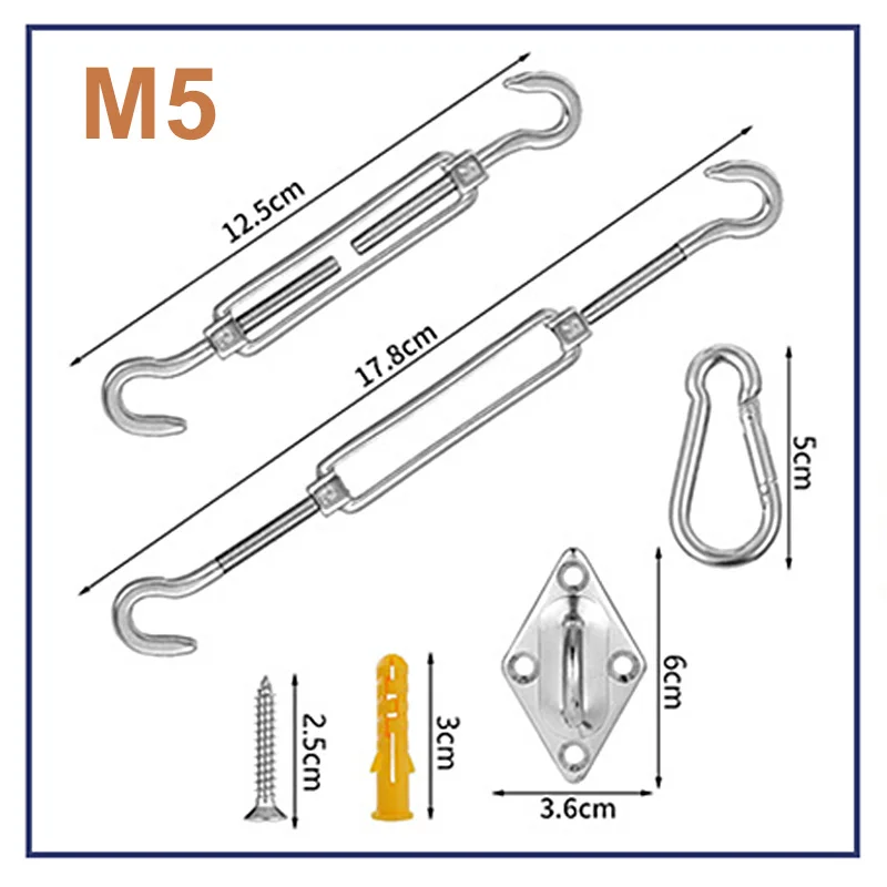 Sun Shade Sail Awning Accessory 304 Stainless Steel Hardware Kit Turnbuckle Pad Eye Carabiner Clip Hook Screws Silver