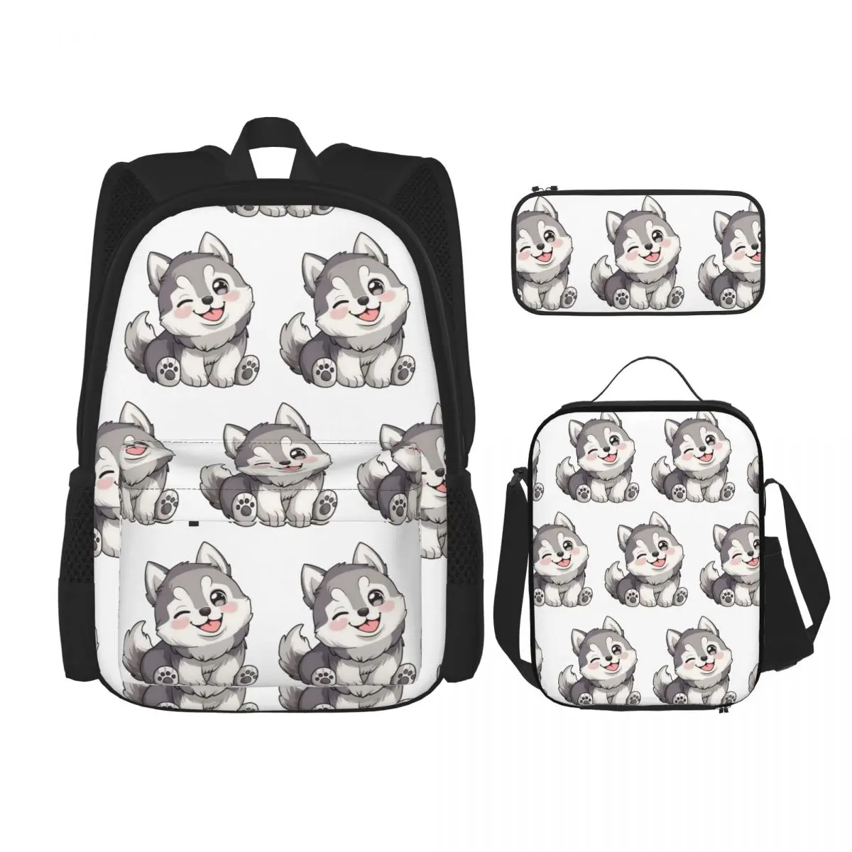 Cute Winking Kawaii Husky Backpacks Students Bookbag School Bags Rucksack Lunch Bag Pen Bag Three-Piece Set