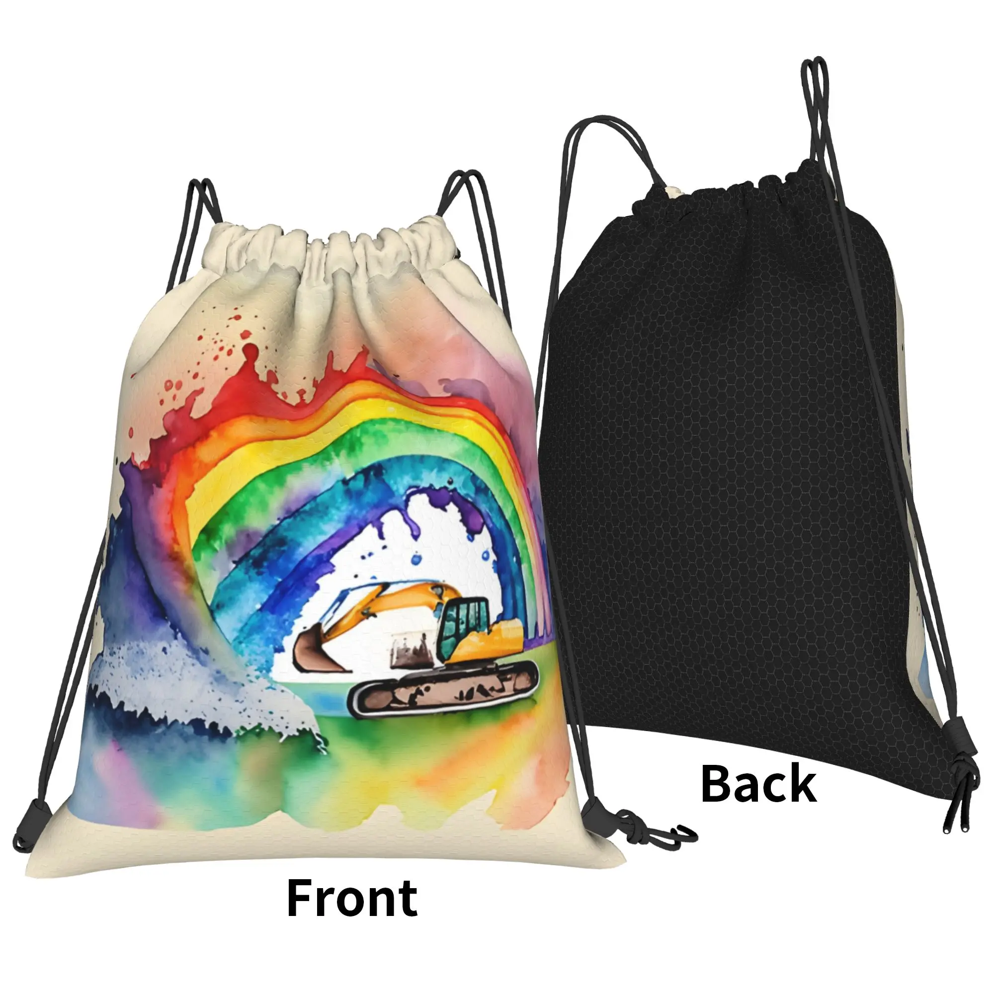 Vintage Excavator With Rainbow Construction vehicle Portable Sports gym Drawstring Bags gift Storage Backpacks For Teen Boys