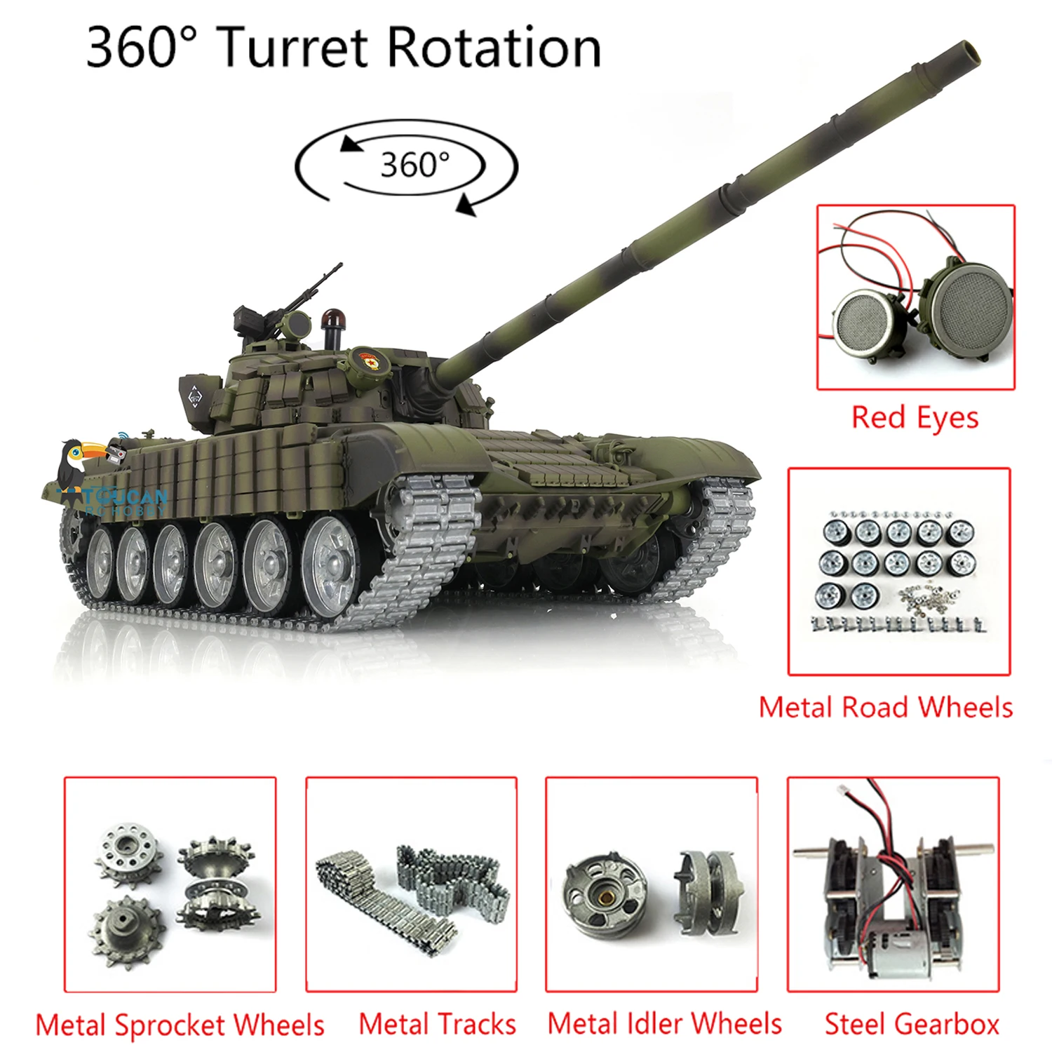 Pro ver heng lang 360 rc tank 7,0 ° revolver russland t72 metalls chienen rtr rote augen fernbedienung kampfpanzer th20576