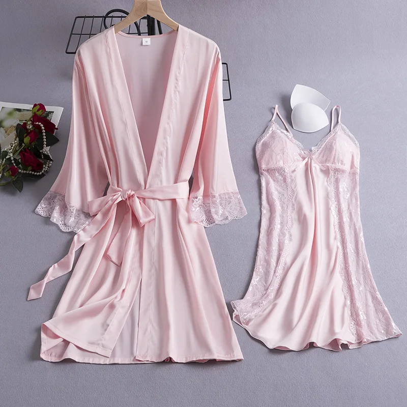 Bride White 2PCS Bathrobe Gown Set Summer Lace Kimono Robe Suit Sexy Women Sleepwear Nightgown Loungewear Satin Home Clothes