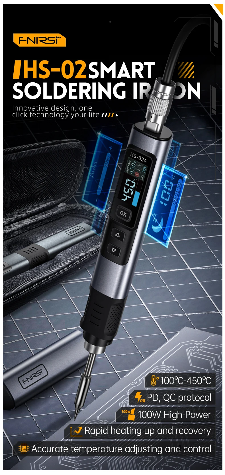 FNIRSI HS-02 Smart Electric Soldering Iron PD 100W Adjustable Constant Temperature Fast Heat Portable Soldering Iron Station Kit