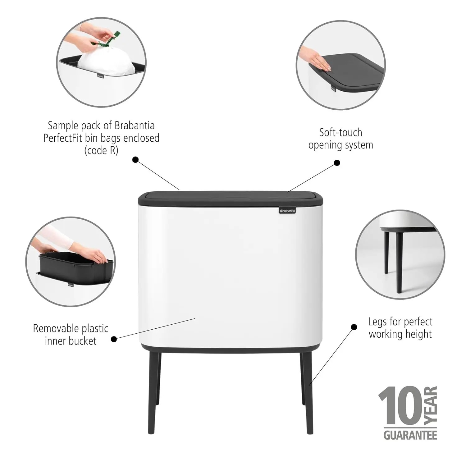 Trash Can - 1 x 9.5 Gal Inner Bucket (White) Waste/Recycling Garbage Can, Removable Compartment + Free Bags