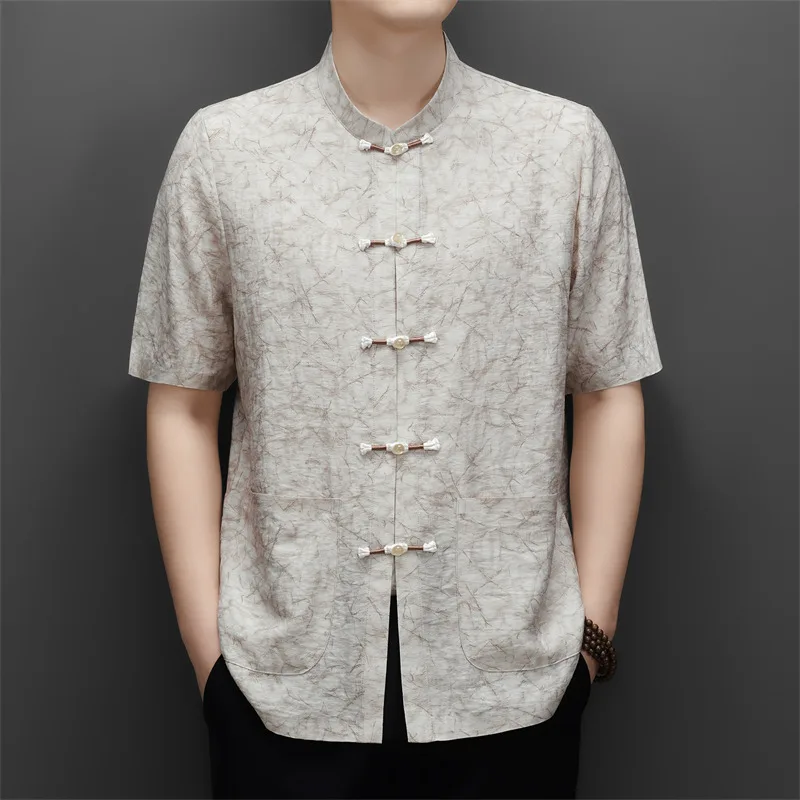Lightweight Tang Costume Shirts For Men Short Sleeve Breathable Summer Quality Linen 8.6% Frog Button Boutique Camisas De Hombre