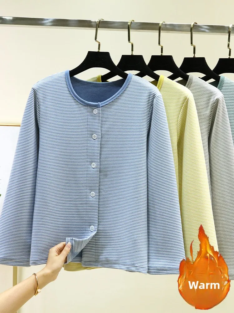 Thickened Fleece Warmth Women's Open Cardigan Long Sleeve Striped Home Clothes plus Size Single Button Sleepwear Top