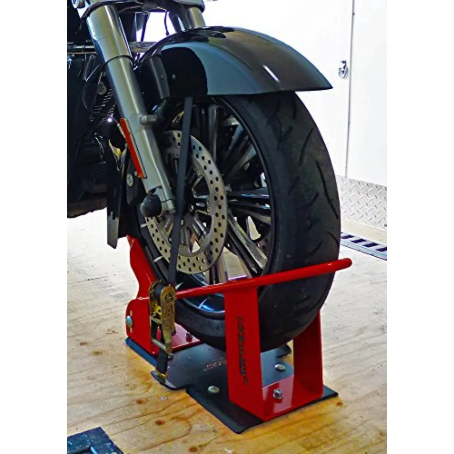 BK1000 Deluxe Motorcycle Wheel Chock with Quick-Release Ratchet and D-Ring System Orange/Black