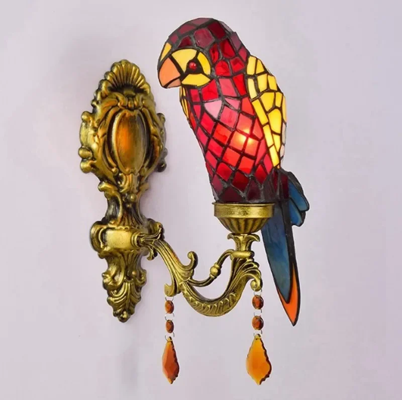 Vintage Style Stained Glass Single Parrot Wall Lamp Lighting Fixture Creative Luxury Bar Club Lobby Bedroom Wall Light