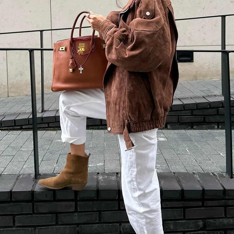 Vintage Brown Lapel Irregular Short Loose Jacket Autumn Winter Streetwear European American Women Outerwear Fashion Casual Tops