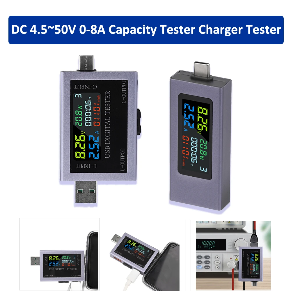 DC 4,5 ~ 50V 0-8A USB Type-C Voltmeter Digitale spanning Stroom Vermogensmeter Capaciteitstester Oplader Tester Multifunctionele tester