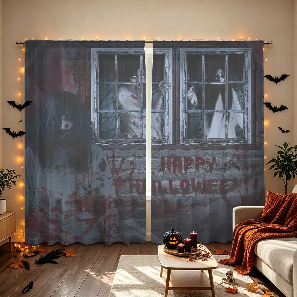 90G Rod Pocket Curtains 2 Panels, Haunted House Halloween Window PrintDrapes Gothic Halloween Curtains for Bedroom Living Roo