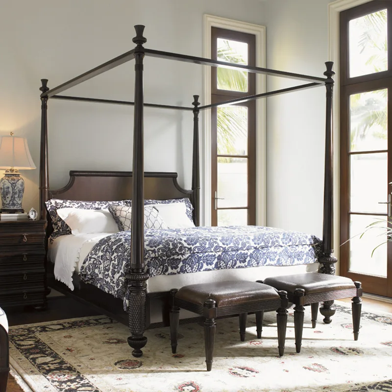 American-style bed frame, solid wood pillars, double bed, American country