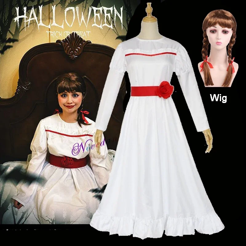 Disfraz de Horror de la novia de Chucky Annabelle, vestido Cos para niños, peluca, muñeca de conjuro, Cosplay para mujeres, niñas pequeñas, traje aterrador de Carnaval malvado