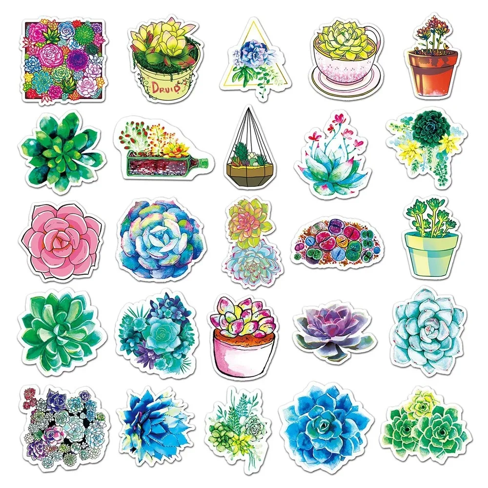 50PCS Watercolor Cartoon Succulent Stickers for Luggage Laptop Ipad Cup Journal  Notebook Decorative Stickers