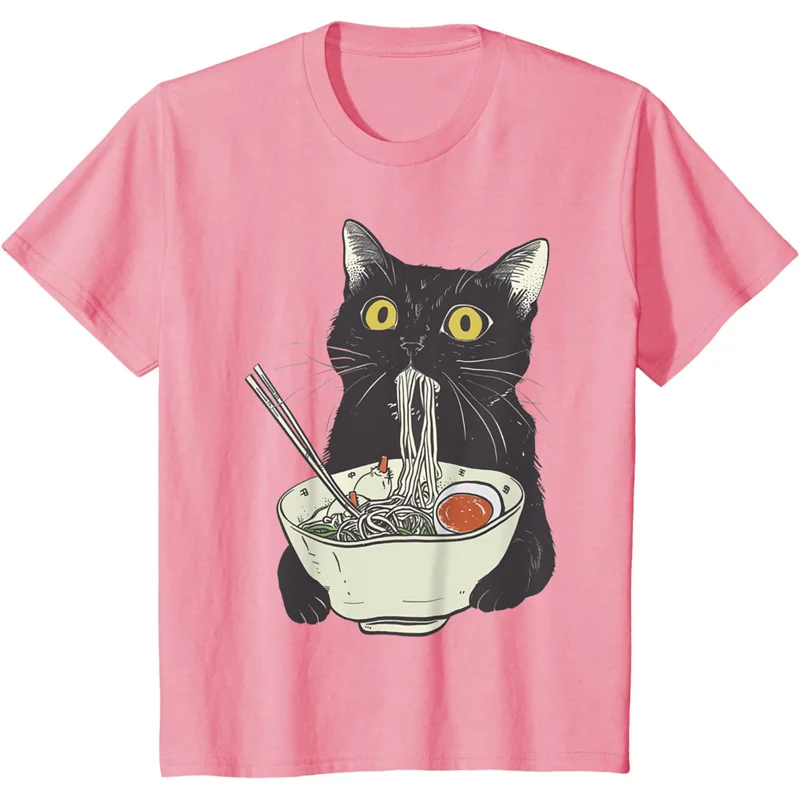 Funny Cat Pattern T-Shirt For Women Food Noodles 3D Printed Short Sleeves Summer Leisure Tees Round Neck T Shirts Loose Tops