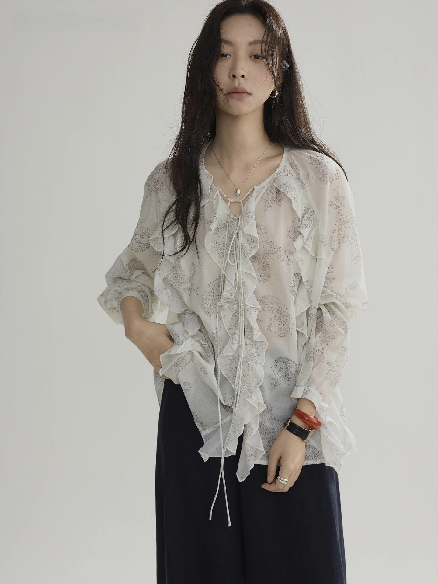 

Joli Choose Pure Cotton Long Sleeve Shirt Women Casual Style Irregular Lace Hem Loose Fit Breathable Summer Top
