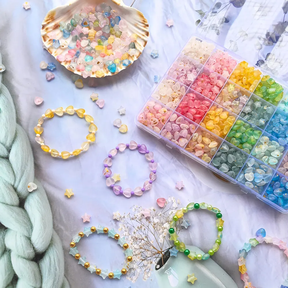 

24 grids Acrylic Star & Heart Beads Set Frosted Golden Foil Pastel Colorful Assorted Beads for DIY Jewelry Making Accessories