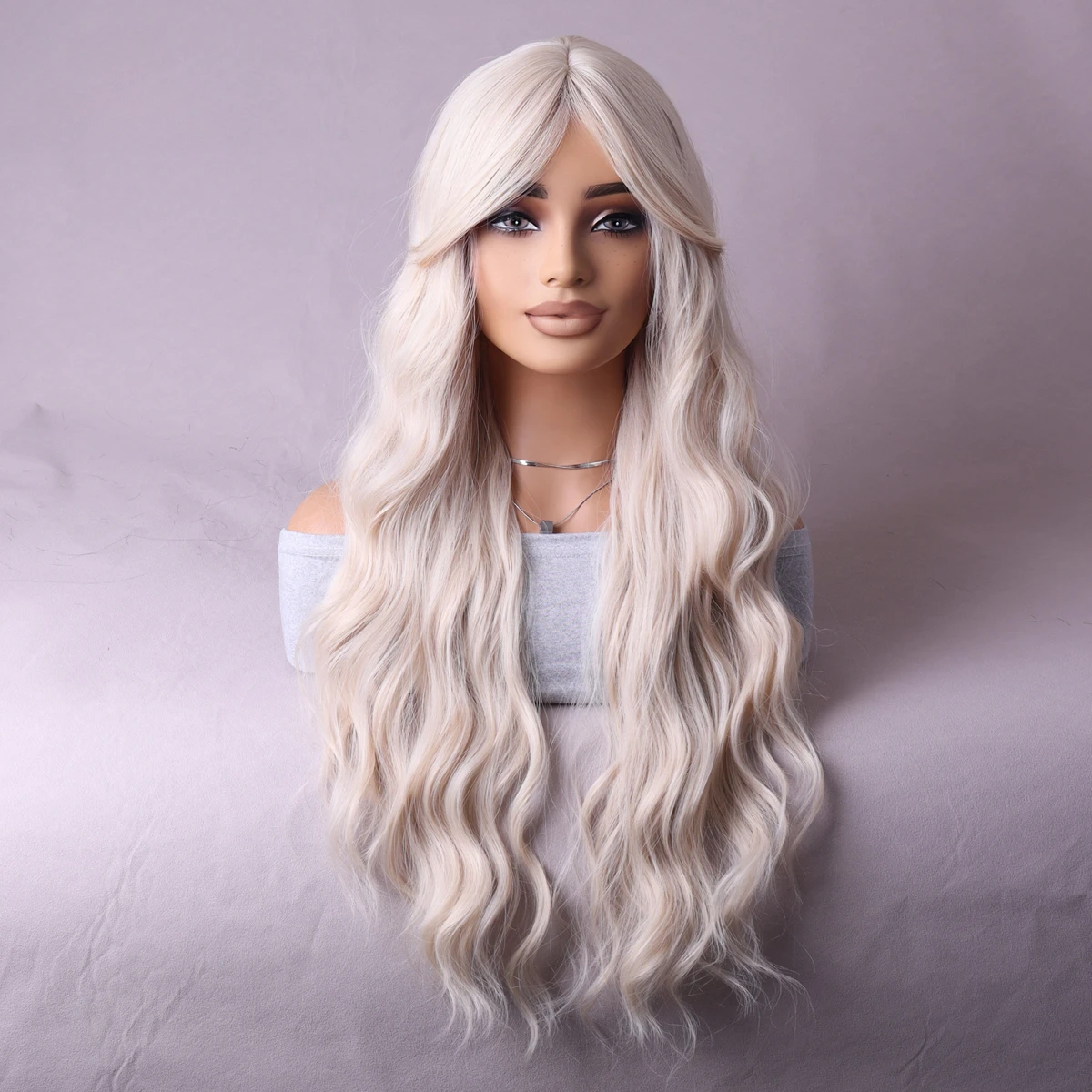 

Silver-white with mid-part Long wavy curly naturally synthetic heat-resistant fiber wig