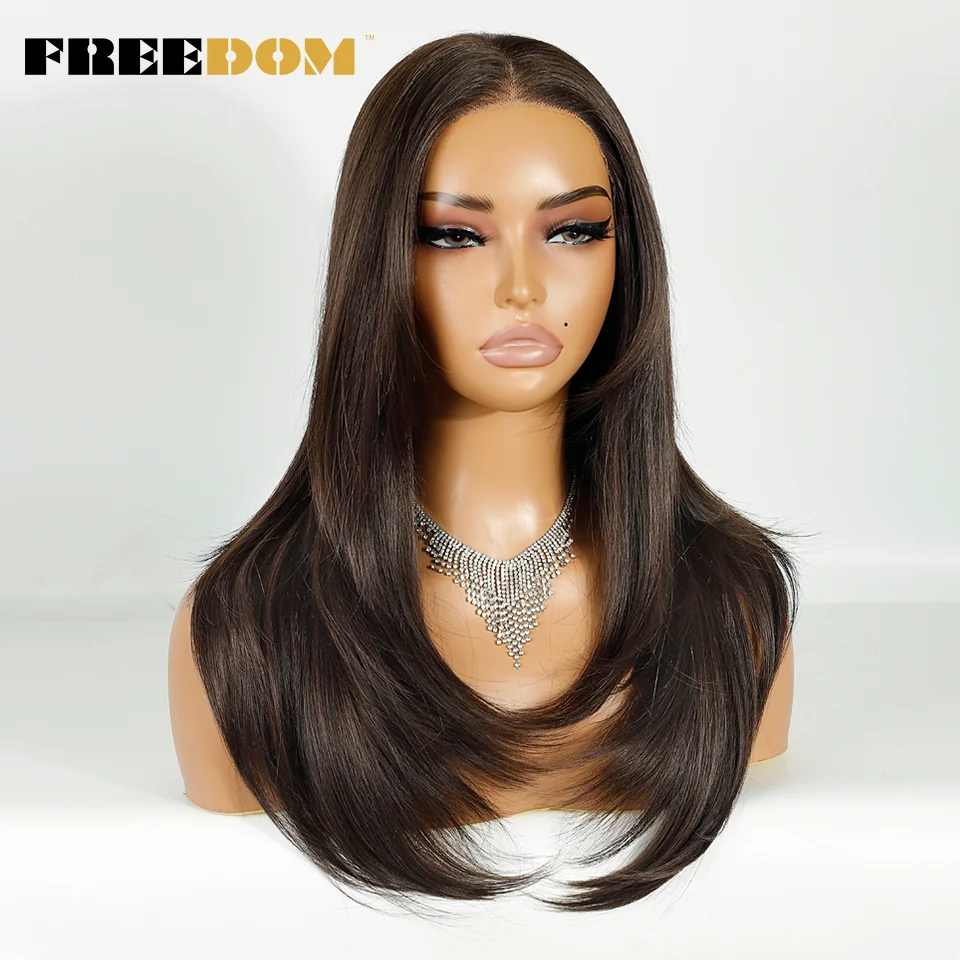 FREEDOM Synthetische Lace-Front-Perücken für Frauen, 20 Zoll, 13x3, glatt, vorgezupft, geschichtete Spitzenperücken, Ombre Braun Blond, Perücke für den täglichen Gebrauch – Detail 3