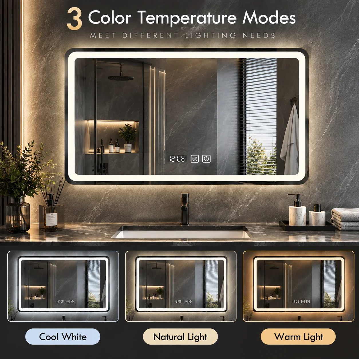 Rectangular Bathroom Mirror with LED Lights 50x70cm Smart Dimmable Backlit Vanity Mirror Wall Mounted Makeup Mirror
