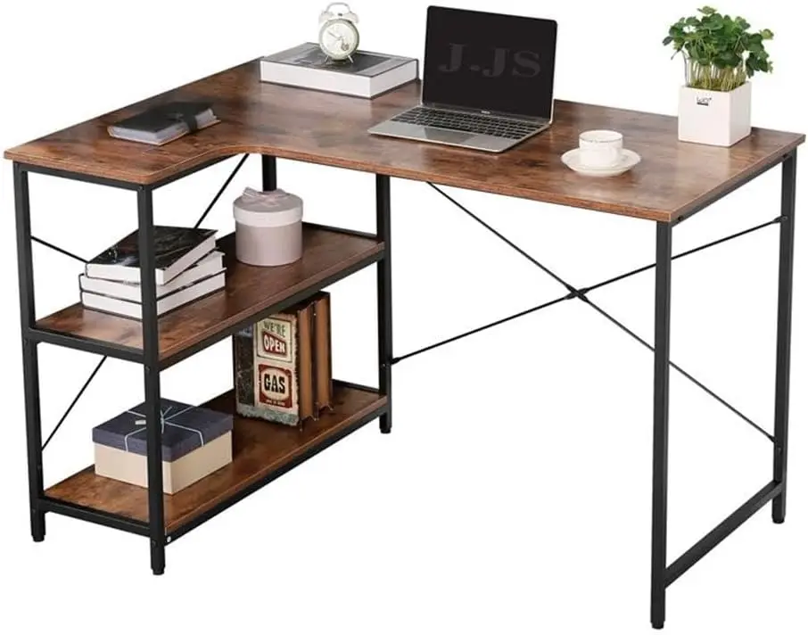 L-Shaped Home Office Corner Writing Computer Desk with Build-in Bookcase, Wood Metal Modern Study Laptop Table Workstation