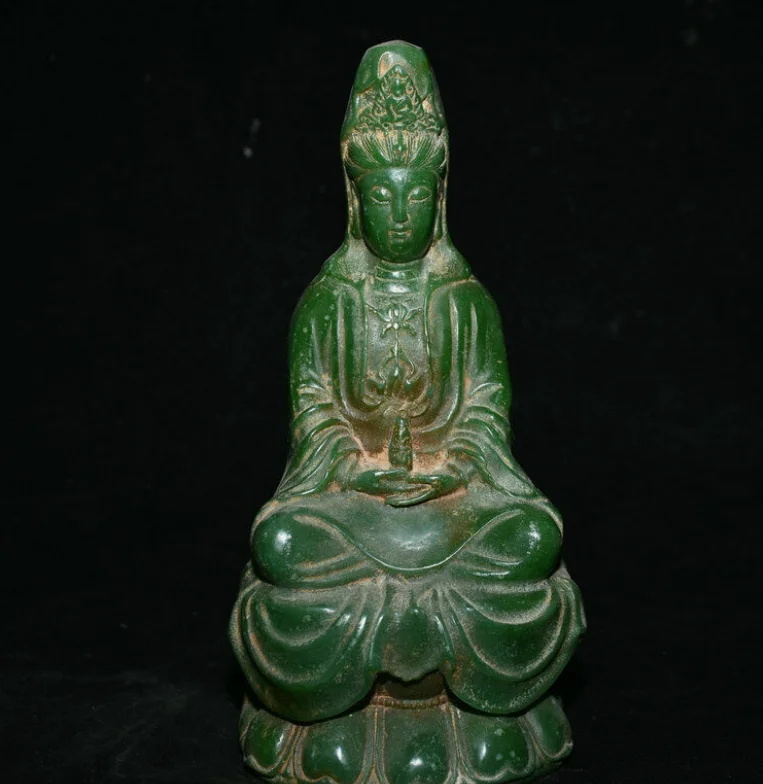 8.8” Old Chinese Green Jade Carving Kwan-yin Guan Yin Goddess Statue Sculpture