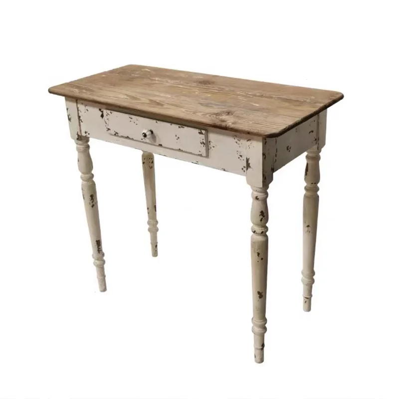 

Rustic Console Table, Distressed White with Natural Wood Top, 88L x 41.5W x 80H cm
