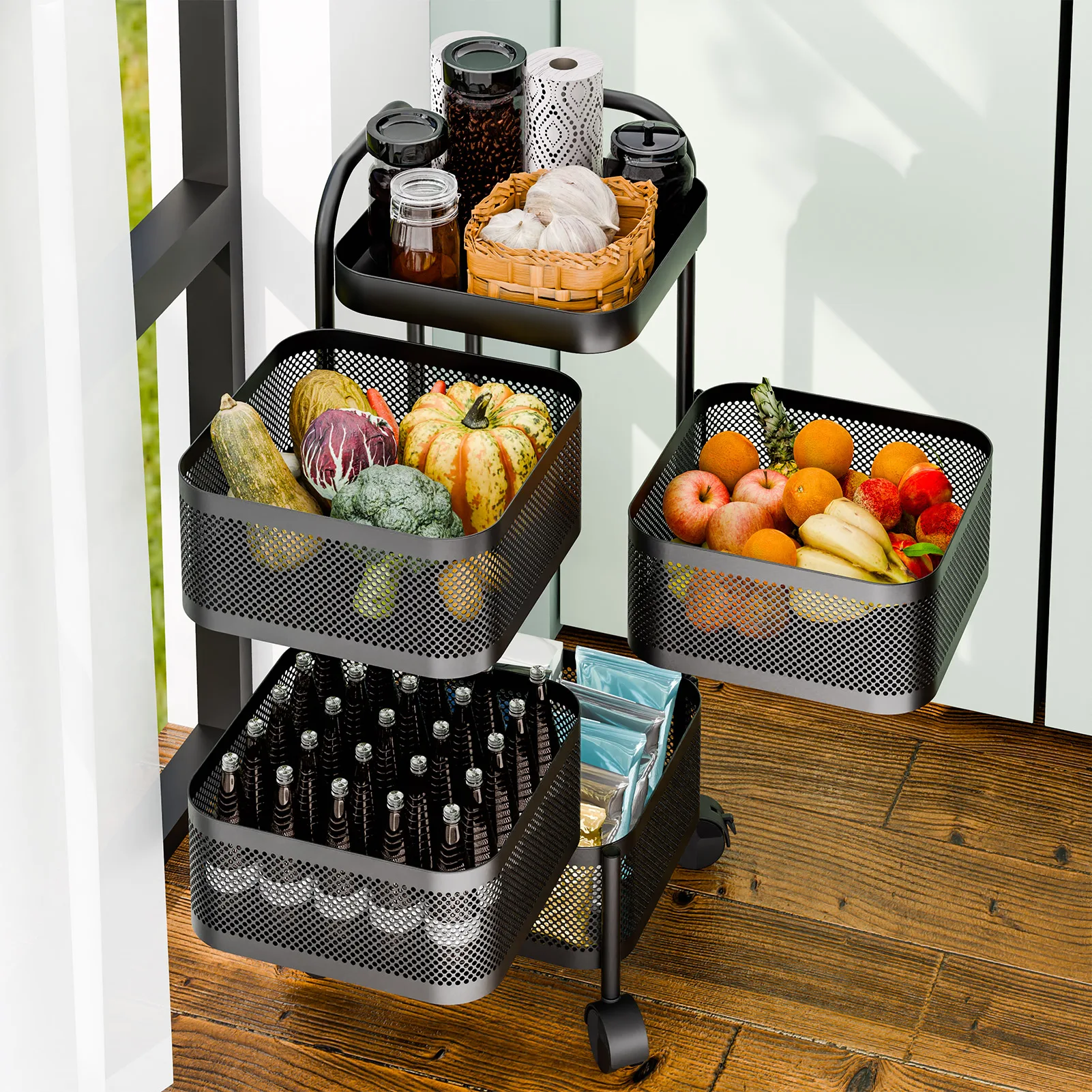 Rotating Trolley, Square Kitchen Trolley, Rotating Kitchen Storage Shelves, Kitchen Vegetable Storage Organizer, Fruit Basket Fl