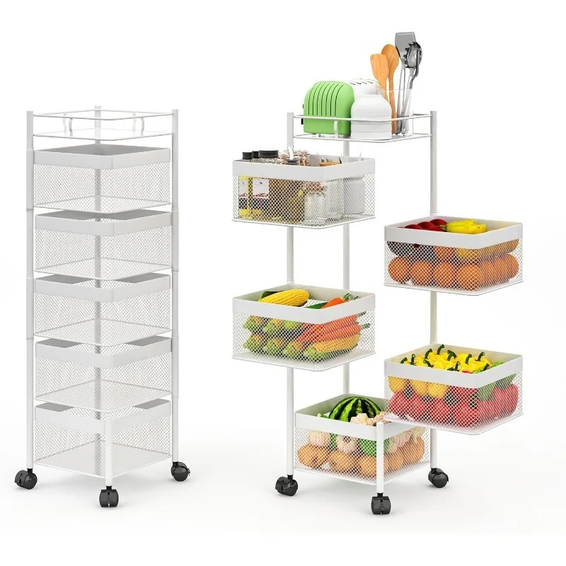 Fruit Basket for Kitchen No Assembly,Rotating Kitchen Storage Rack,Bathroom Shelf, Organizers and Storage Cart on Rolling Wheels