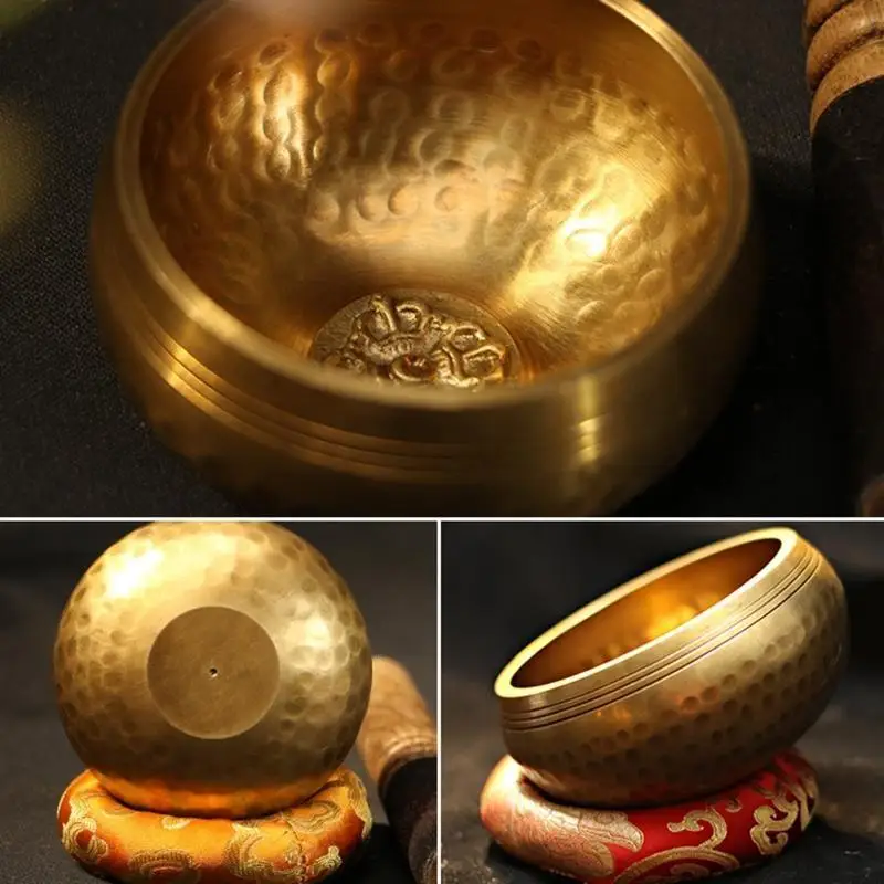 E8BD Nepal Tibetan Buddhist Bowl Set Pad Ring Mallet Meditation Singing Bowls Set for Home Bedroom Temple Yoga Studio Decors