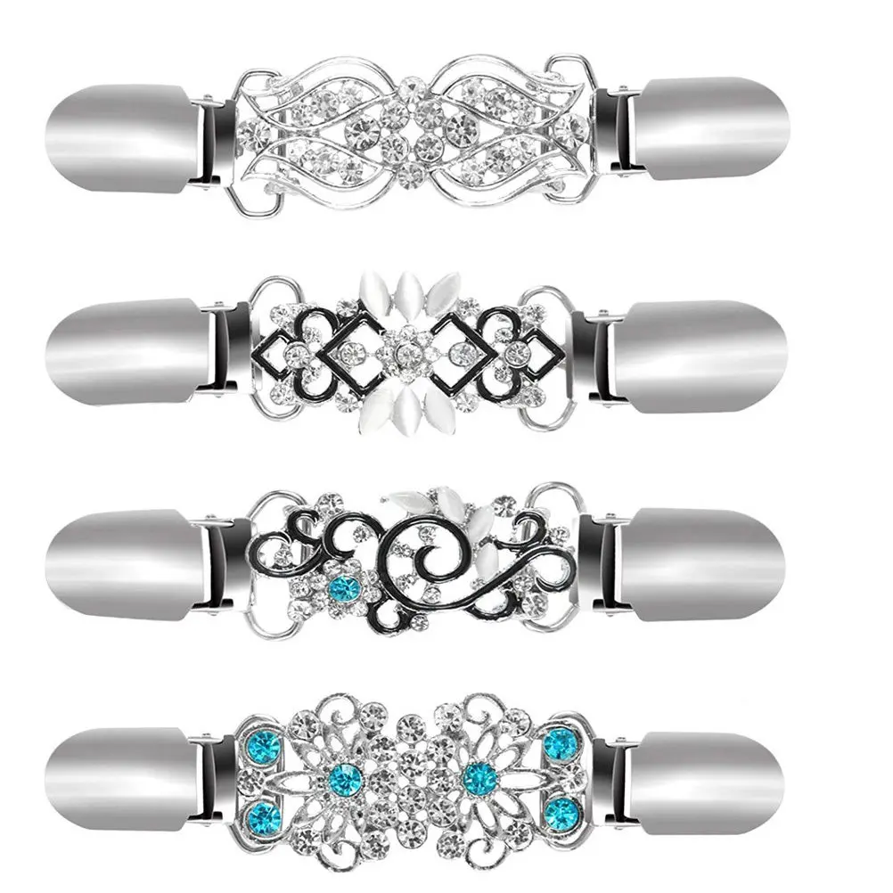 1Set 4 Styles Iron Alloy Sweater Clips Rhinestone Flower Cardigan Shawl Pin Collar Clip Clothes Accessories Silver Non-Slip Fade