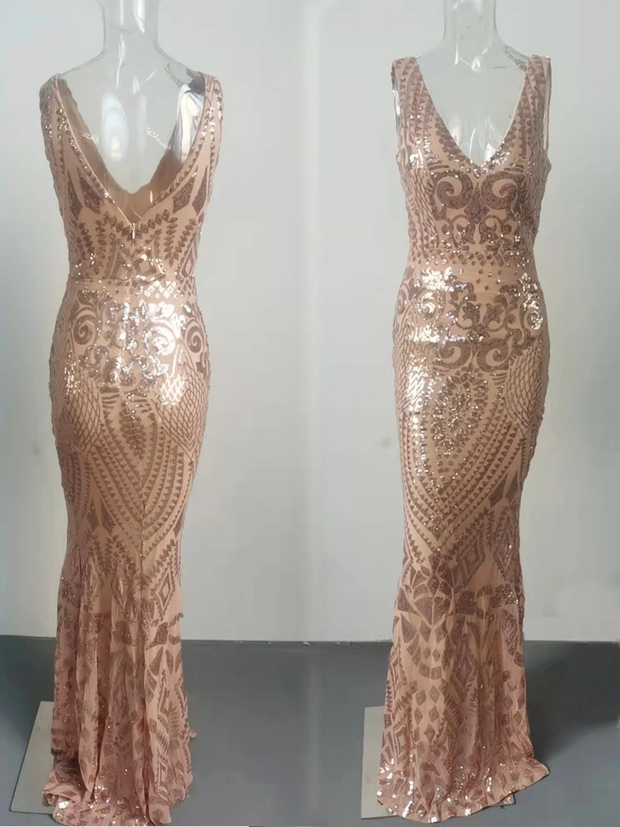 Missord-Vestidos de Fiesta de lentejuelas rojas para mujer, vestido elegante con cuello en V, sin mangas, Espalda descubierta, Bodycon, Vestido largo de noche para boda