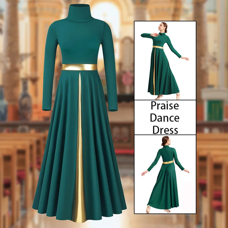 فستان رقص حديث مدح برقبة عالية وأكمام طويلة للنساء والفتيات ملابس رقص فضفاضة مناسبة لعبادة الكنيسة المعدنية الليتورجية