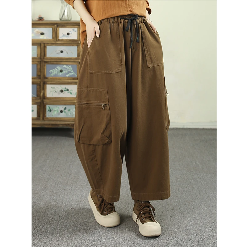 Spring Summer 2026 New Arrival Women Pocket Patchwork Ankle-length Pants Casual Loose Cotton Elastic Waist Cargo Pants Q112