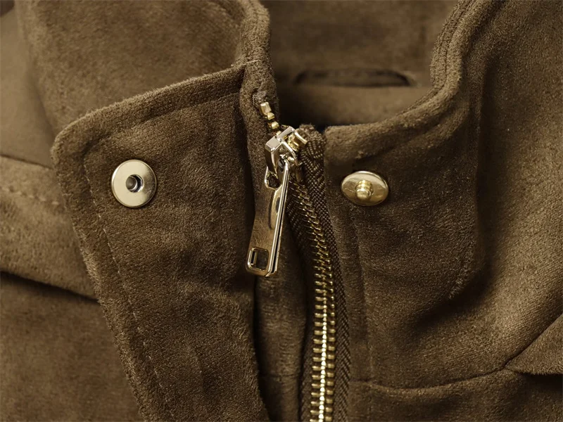 سترة بغطاء للرأس بتأثير من جلد الغزال وياقة واقفة للخريف والشتاء، سترة نسائية كاجوال أنيقة كلاسيكية