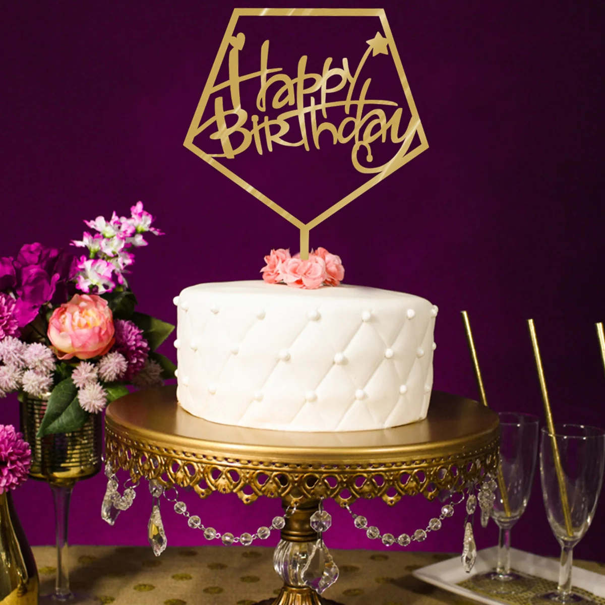 

Diamond Acrylic Happy Birthday Cake Topper Gold Mirror Effect Party Supplies Cake Decorations for Cakes Bread Fruit