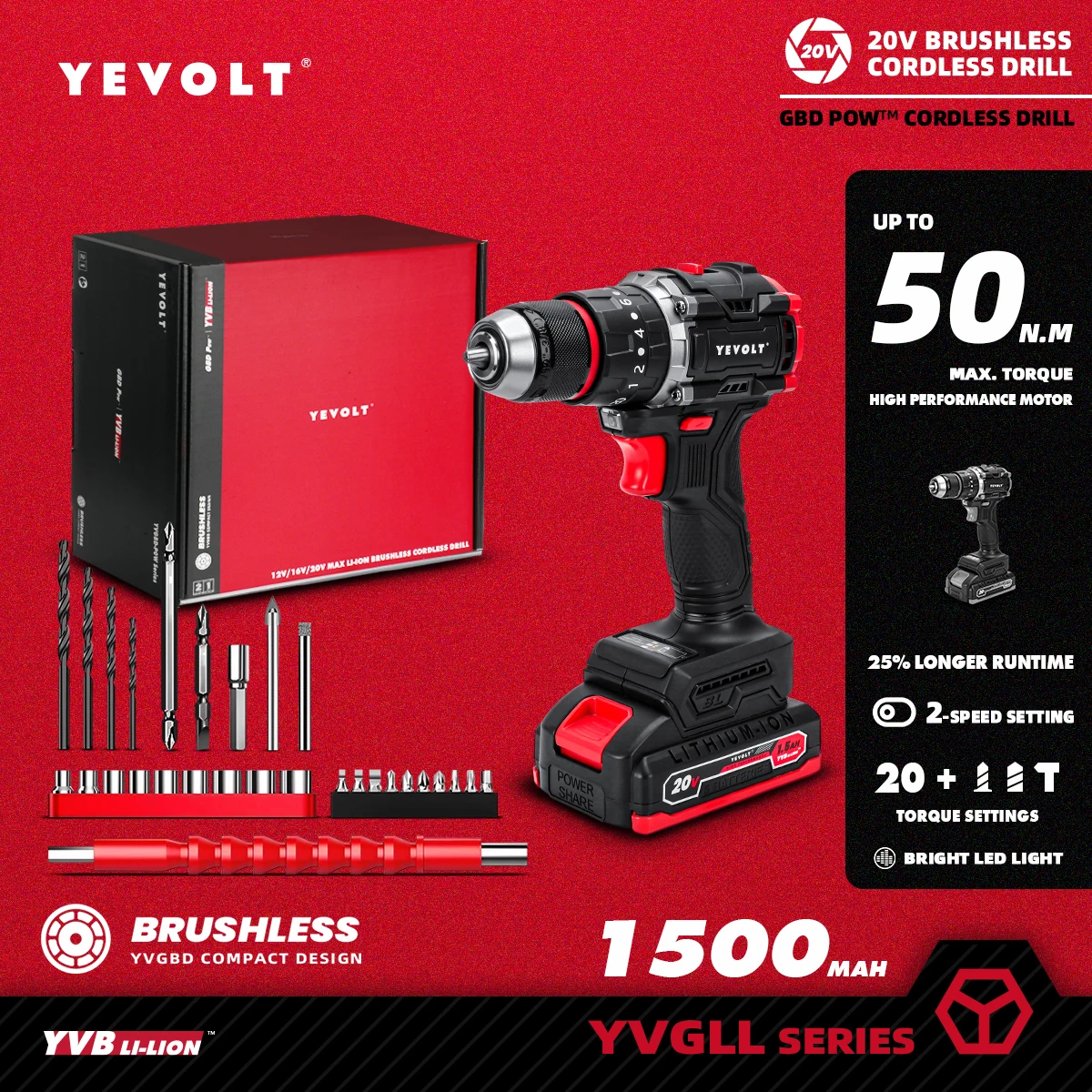 YEVOLT YVGBD20DU3B1 Series Brushless Electric Drill 20V Li-ion Compact Impact Cordless Driver Handheld Screwdriver Power Tool