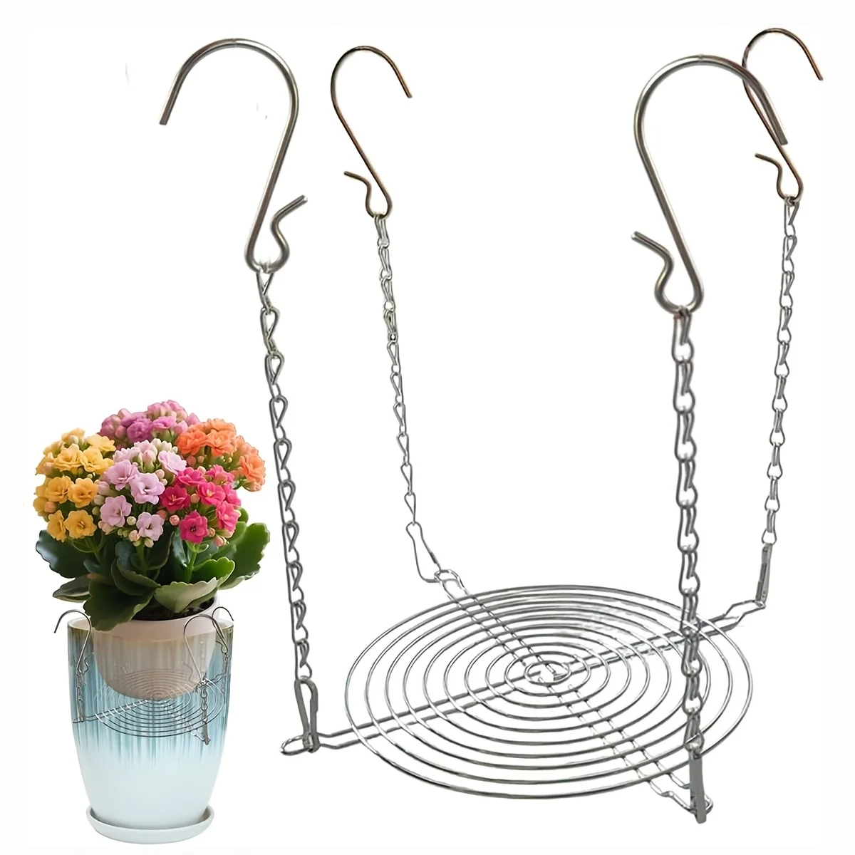 Adjustable-height plant pot insert, suitable for tall pots, with 4 hooks and top opening for installation, chain-style pot fille