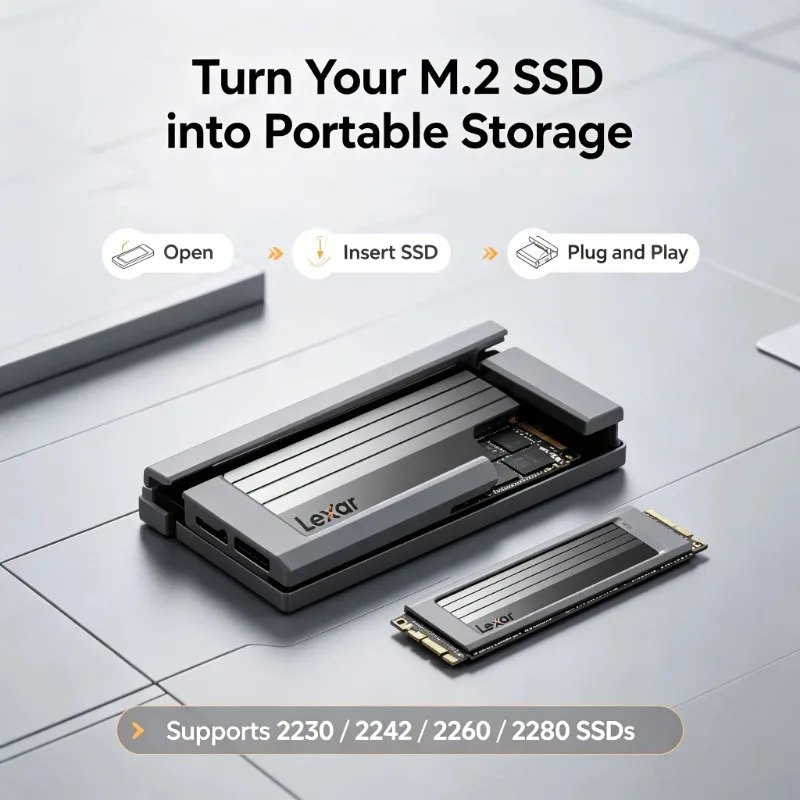 Lexar E300 USB 3.2 Gen 2 Type C M.2 NVMe SSD Enclosure 10Gbps External SSD Case for 2230 2242 2260 2280 SSD with Aluminum