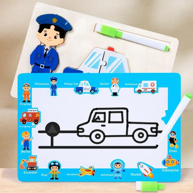 2In1 Wooden Puzle Drawing Board 3D Career Jigsaw Toy Early Education Writing Paiting Board Toy for Kids Enlightenment Toy