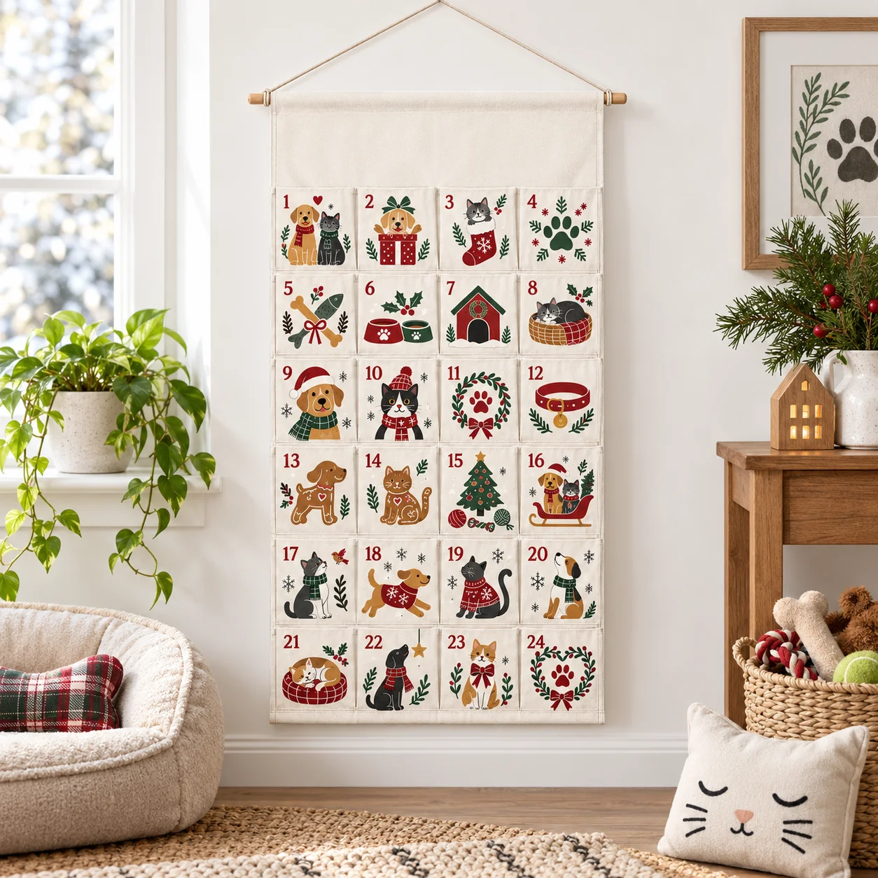 Custom Pet Christmas Advent Calendar 24 Pocket Canvas Hanging Bag For Dog Cat Treats Holiday Countdown Wall Decor Christmas Gift
