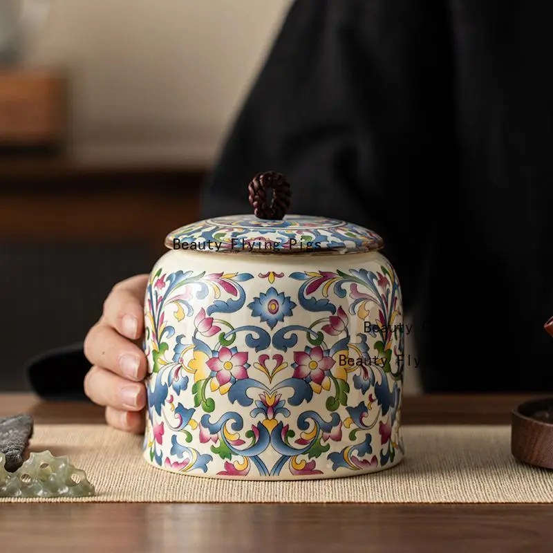 1pc Ceramic Tea Sealed Jar, Medicine Powder/coffee Powder Can, Nut Storage Jar, Chinese Style Ceramic Lotion Tank with Cover
